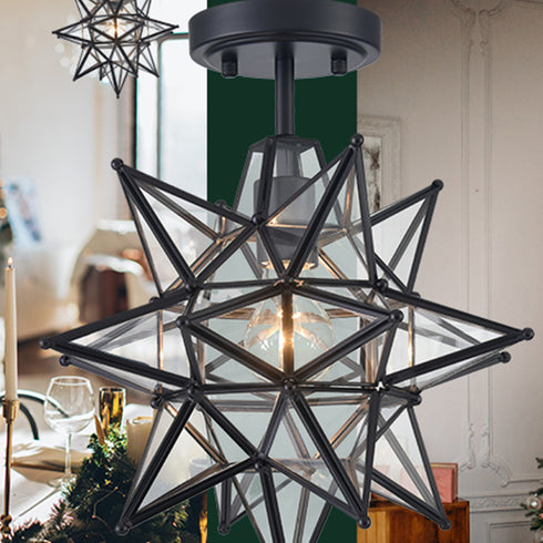 Black Moravian Star Ceiling Light Clear Glass Shade